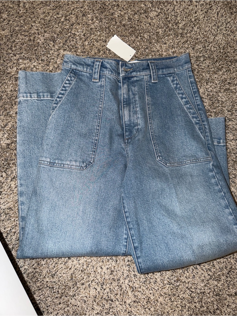 PAIGE Light Blue Wide Leg Jeans with Front Patch Pockets